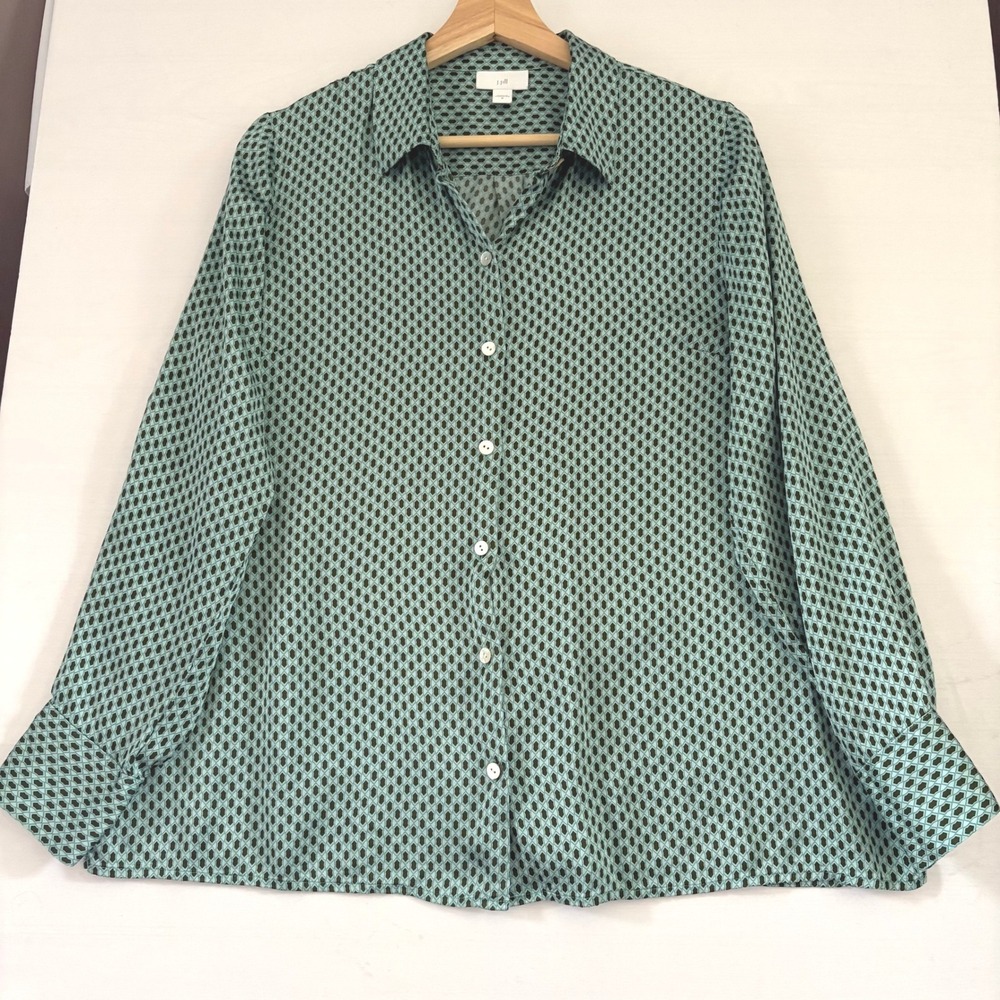 J. Jill Teal Blue Brown Geometric‎ Diamond Print Button Down Blouse Medium